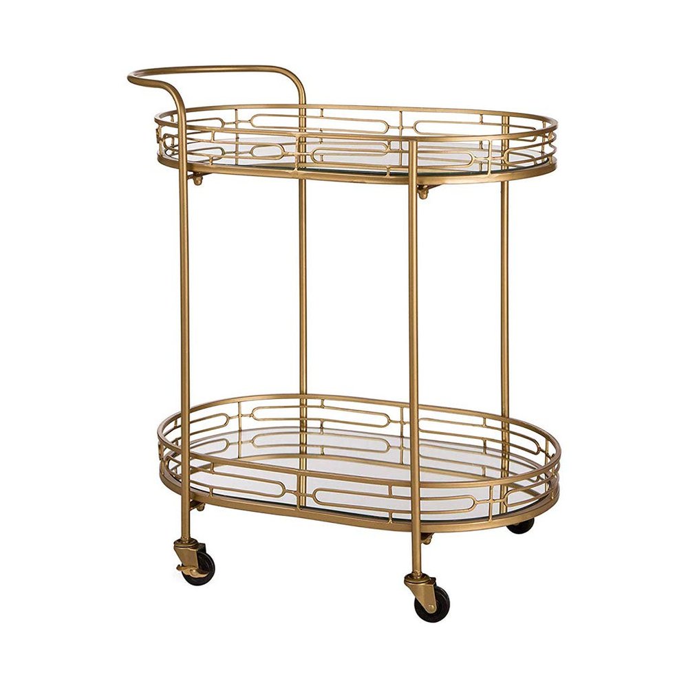 Contemporary Modern Metal 2 Tiered Mirror Tray Bar Cart, Metal Cart, Office, Kitchen, Dining Room, Gold