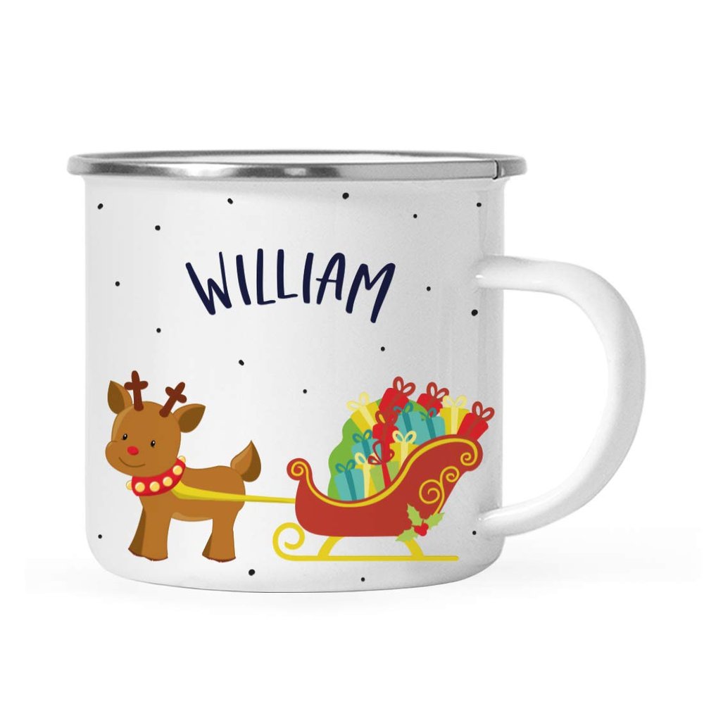 Andaz Press Personalized Name 11oz. Kids Christmas Hot Chocolate Stainless Steel Campfire Coffee Mug Adorable Rudolph Reindeer Sleigh, 1-Pack Custom Birthday Xmas Cup Hot Cocoa Mugs Christmas Mug Kids