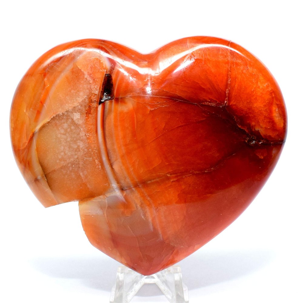 3.9" Red Carnelian Agate Puffy Heart Bite Off Banded Natural Crystal Sparkling Mineral Polished Love Stone Heart - Madagascar + Acrylic Display Stand