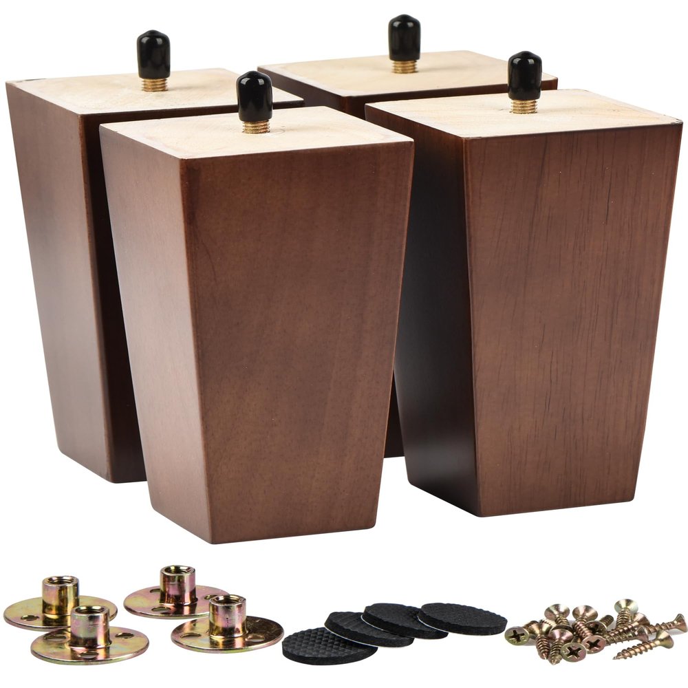 La Vane 5 inch Solid Wood Furniture Legs Set of 4 Square Pyramid Walnut Replacement Feet for Couch, Sofa, DIY Repair & Restoration with Pre-Drilled 5/16'' Bolt & Hardware, Mid-Century Modern Style