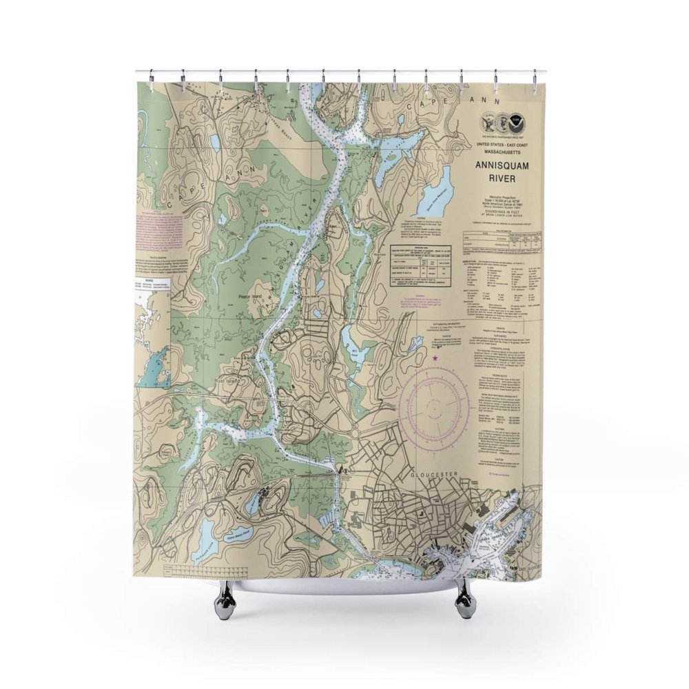 Annisquam River, Wingaersheek Beach & Blynman Bridge Chart Shower Curtains, 71 x 74