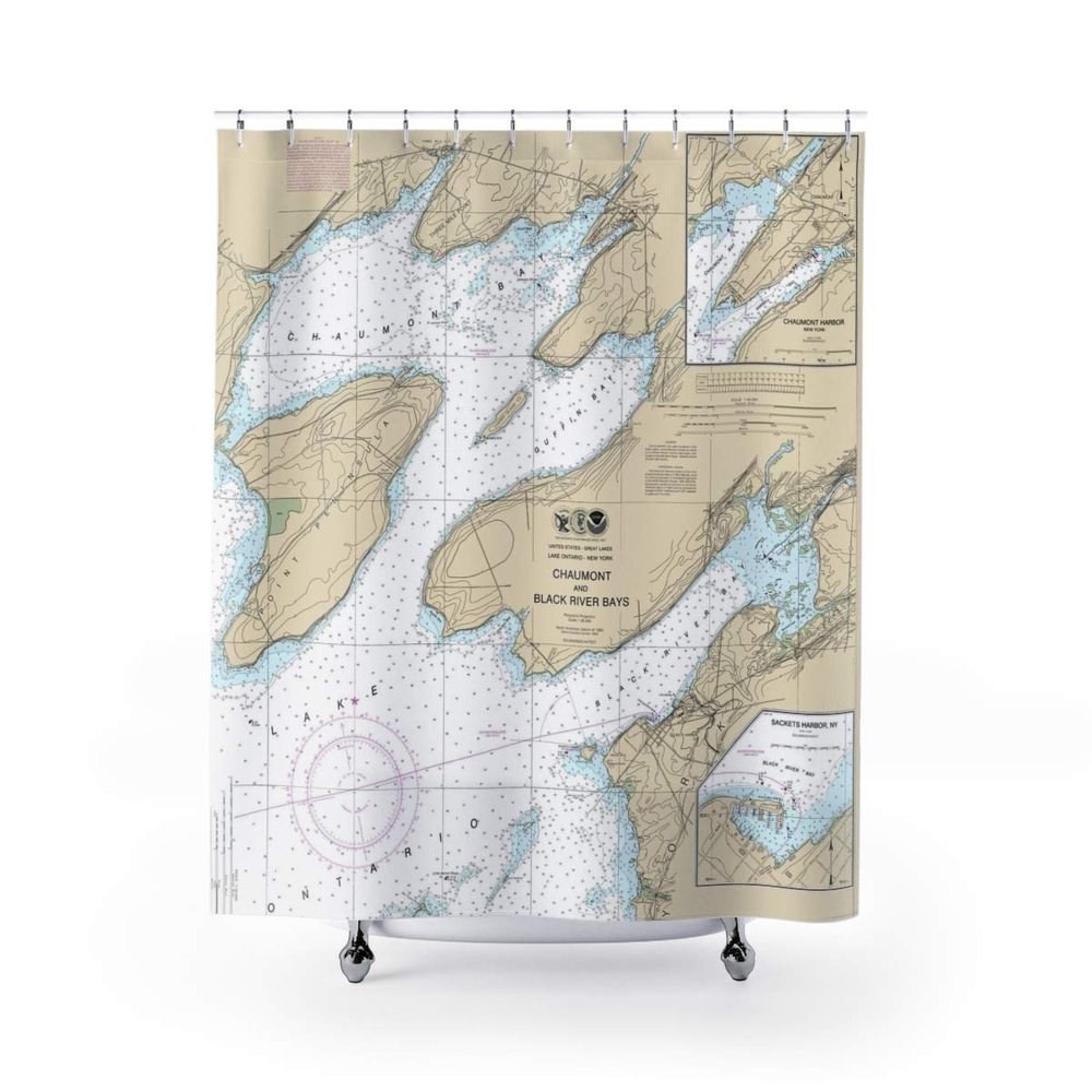 Chaumont & Black River Bays with Chaumont Harbor Nautical Chart Shower Curtains, 71 x 74