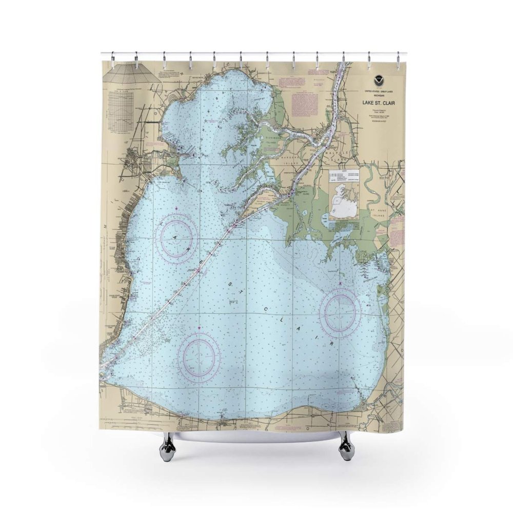 Lake St Clair Nautical Chart Shower Curtains, 71 x 74
