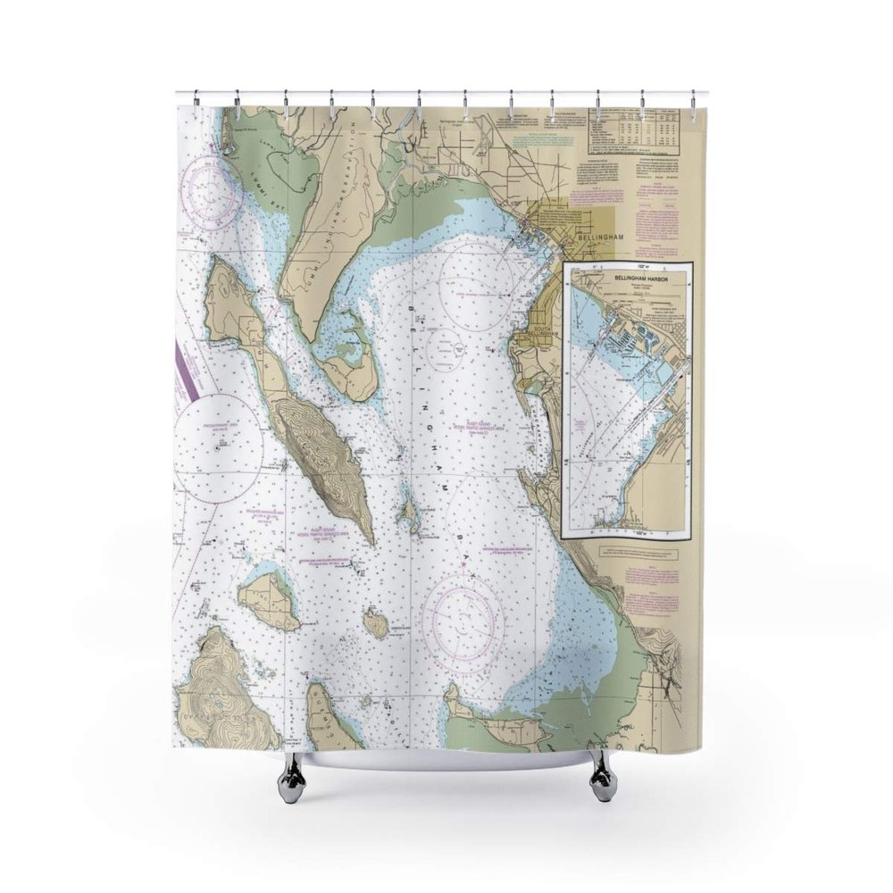 Bellingham Bay Nautical Chart Shower Curtains, 71 x 74