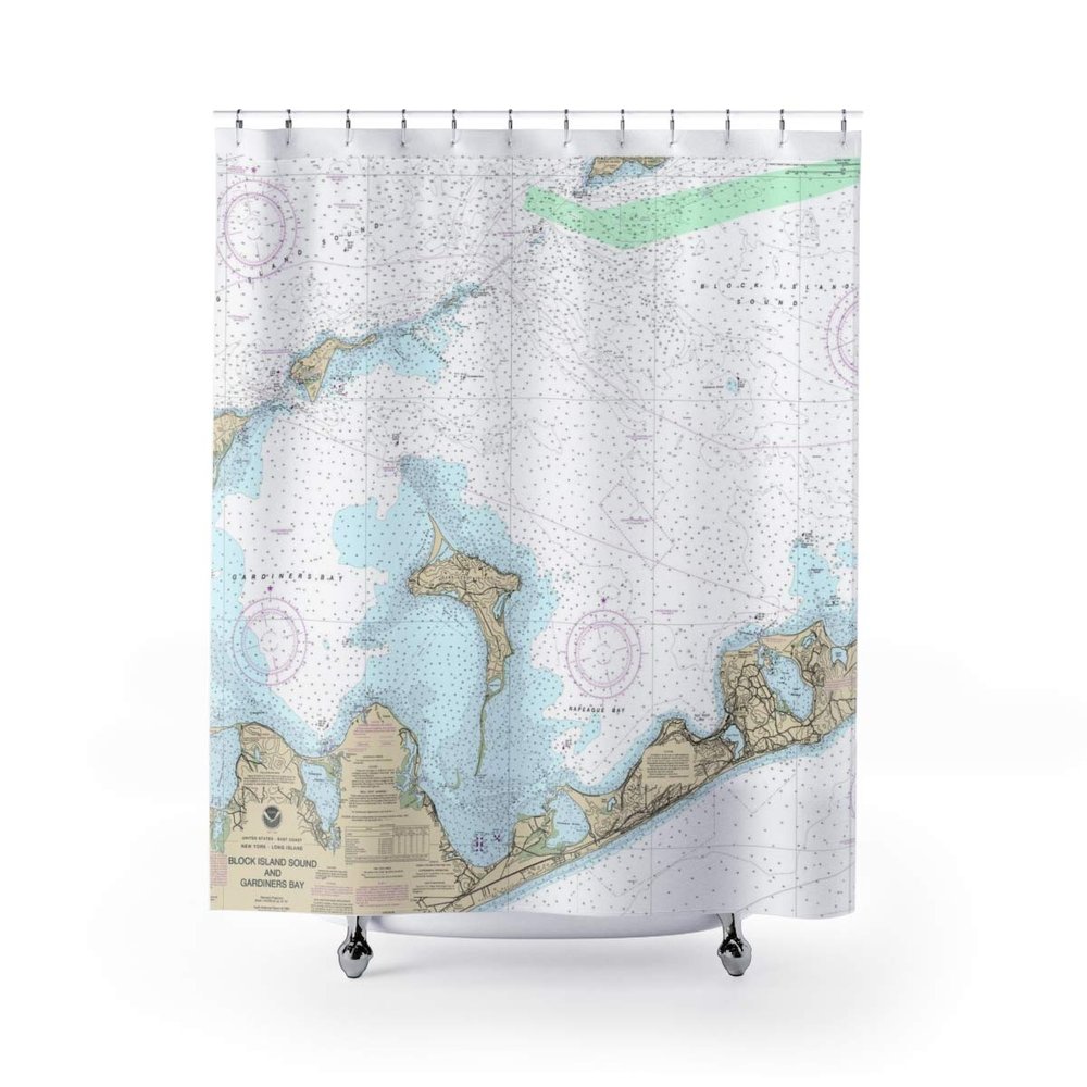Block Island Sound Gardners Bay Nautical Chart Shower Curtains, 71 x 74