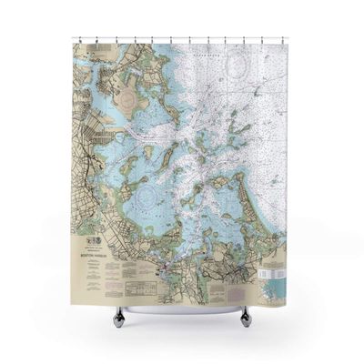 Boston Harbor, Hingham, Hull and The Islands Nautical Chart Shower Curtains, 71 x 74
