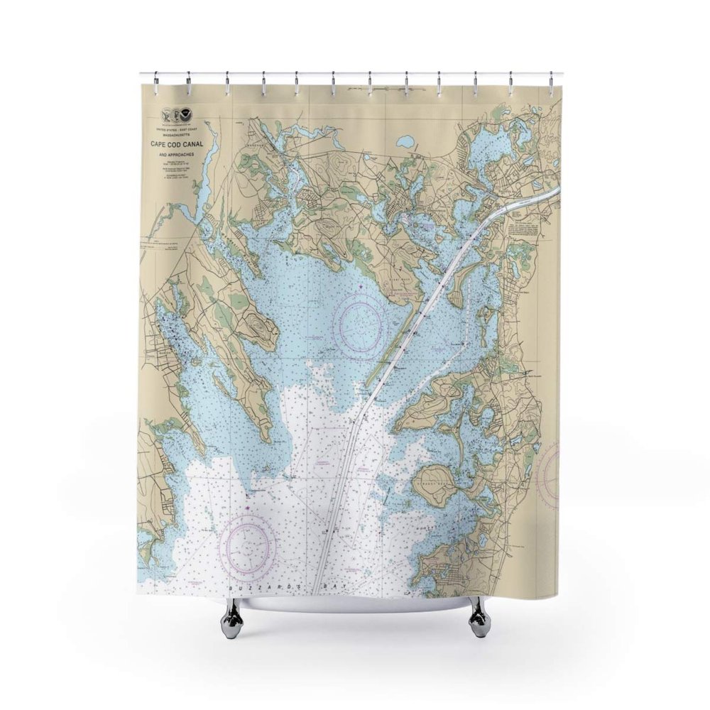 Cape Cod Canal Buzzards Bay Approach Nautical Chart Shower Curtains, 71 x 74