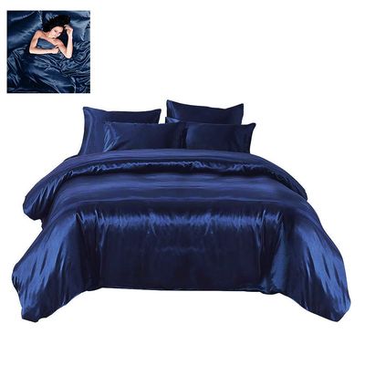 Comfort Bed Store Ultra Soft Silky Satin 8 Piece (1 Flat Sheet + 1 Fitted Sheet with 18 inches Deep Pocket+ 1 Comforter + 1 Duvet Cover + 4 Pillow Cases) Comforter Set,Navy Blue, Queen