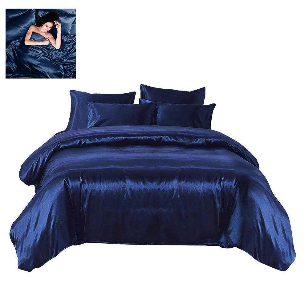 Comfort Bed Store Ultra Soft Silky Satin 8 Piece (1 Flat Sheet + 1 Fitted Sheet with 18 inches Deep Pocket+ 1 Comforter + 1 Duvet Cover + 4 Pillow Cases) Comforter Set,Navy Blue, Queen