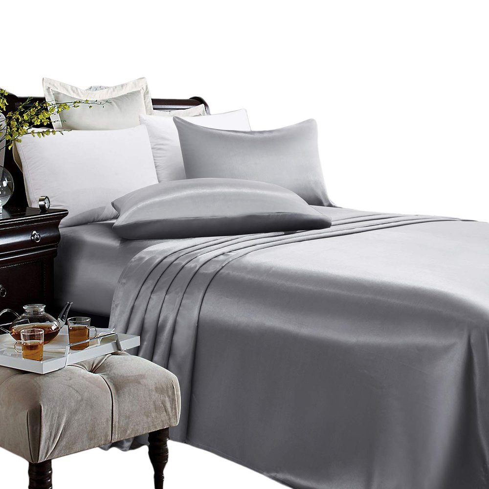Comfort Bed Store Ultra Soft Silky Satin 8 Piece (1 Flat Sheet + 1 Fitted Sheet with 18 inches Deep Pocket+ 1 Comforter + 1 Duvet Cover + 4 Pillow Cases) Comforter Set,Dark Grey, Queen