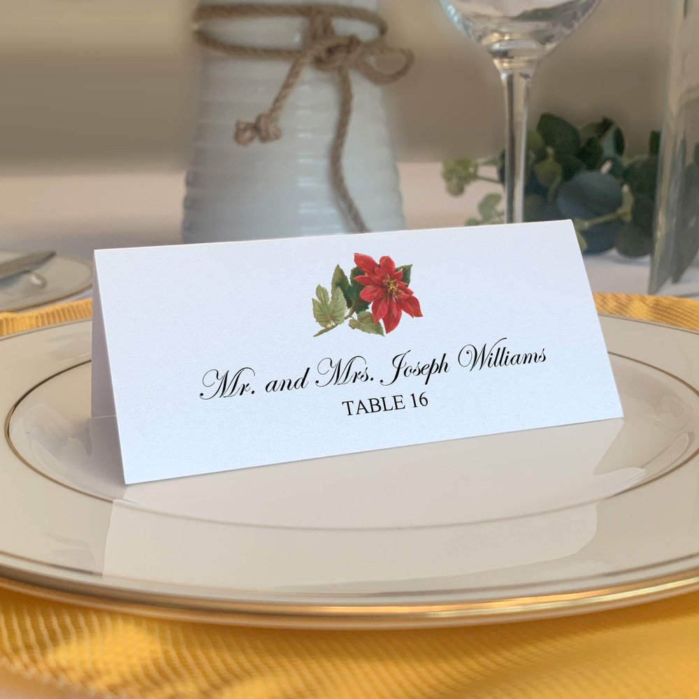 Winter and Christmas Poinsettia Holiday Place Cards, Set of 150, Pre-cut and Scored - Wedding, Party, Dinner, and Special Events - Made in the USA