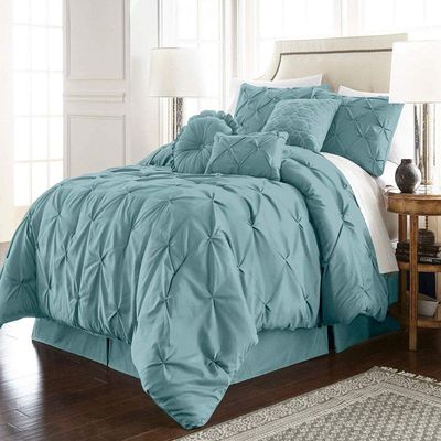 HNU 7 Piece Pintuck Comforter Set Cal King, Pinch Pleated Classic Contemporary Elegant Textured Decorative Spa Blue Bedding Warm Soft Cozy Comfy Microfiber Fabric