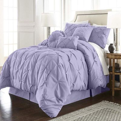 HNU 7 Piece Pintuck Comforter Set Cal King, Pinch Pleated Classic Contemporary Elegant Textured Decorative Lavender Bedding Warm Soft Cozy Comfy Microfiber Fabric