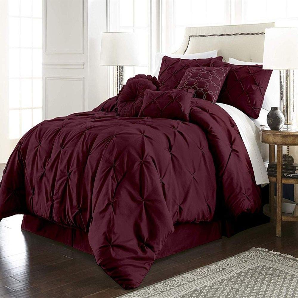 HNU 7 Piece Pintuck Comforter Set Cal King, Pinch Pleated Classic Contemporary Elegant Textured Decorative Maroon Bedding Warm Soft Cozy Comfy Microfiber Fabric