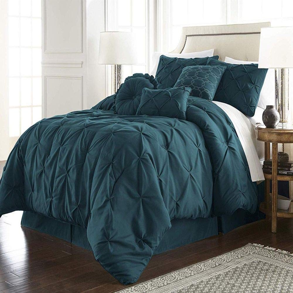 HNU 7 Piece Pintuck Comforter Set King, Pinch Pleated Classic Contemporary Elegant Textured Decorative Green Teal Bedding Warm Soft Cozy Comfy Microfiber Fabric