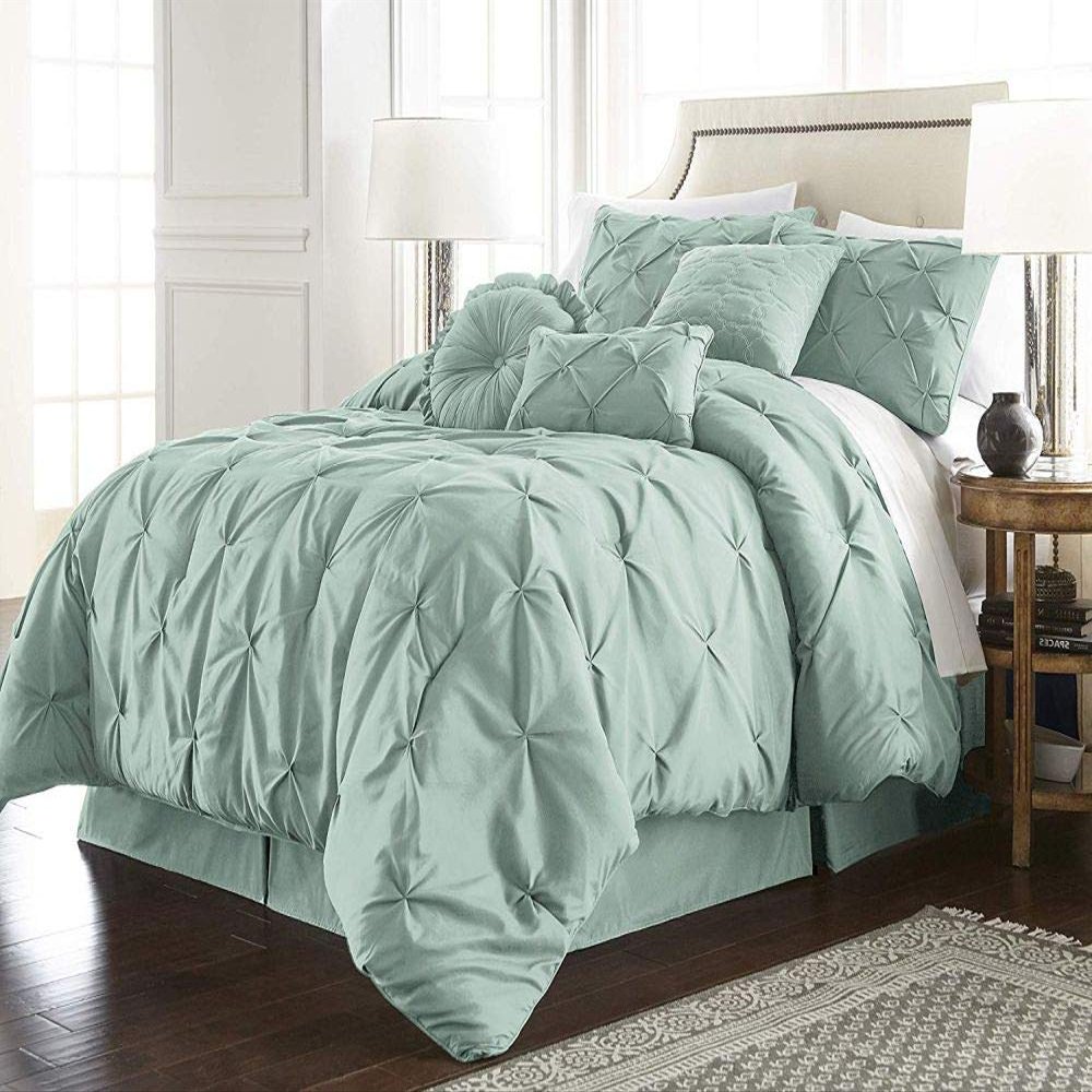 HNU 7 Piece Pintuck Comforter Set Queen, Pinch Pleated Classic Contemporary Elegant Textured Decorative Sea Foam Green Bedding Warm Soft Cozy Comfy Microfiber Fabric
