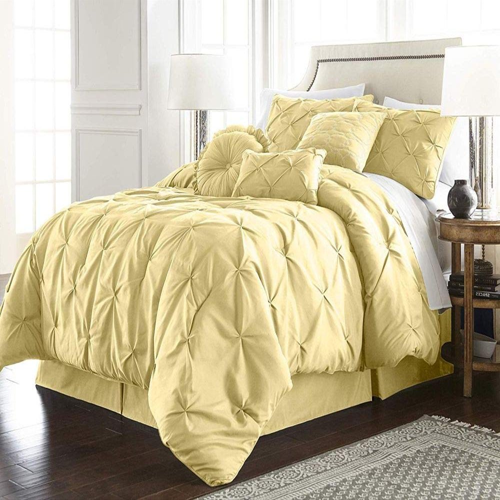 HNU 7 Piece Pintuck Comforter Set Cal King, Pinch Pleated Classic Contemporary Elegant Textured Decorative Yellow Bedding Warm Soft Cozy Comfy Microfiber Fabric
