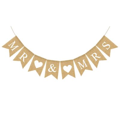 MR MRS Retro Wedding Party Burlap Banner Garland Love Heart Bunting Linen Flag Decorative Props Wedding Party Supplies