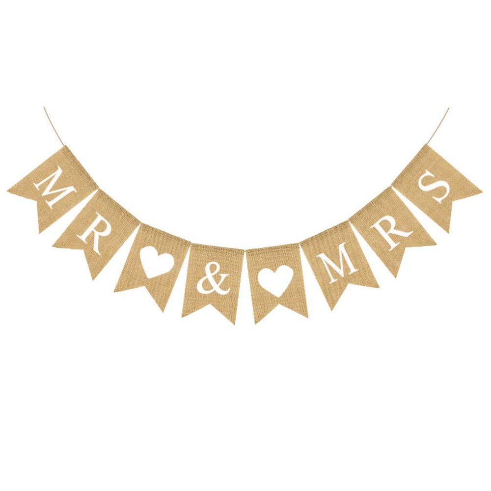 MR MRS Retro Wedding Party Burlap Banner Garland Love Heart Bunting Linen Flag Decorative Props Wedding Party Supplies