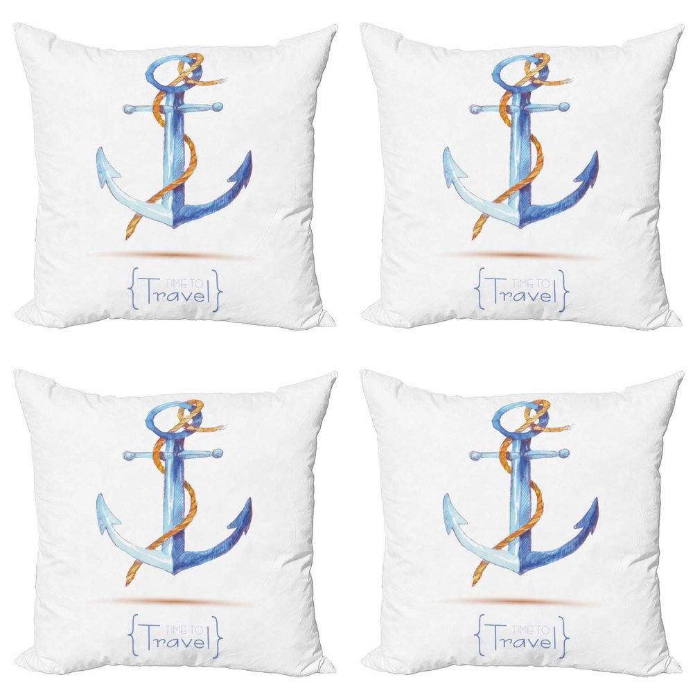 Ambesonne Anchor Throw Pillow Cushion Case Pack of 4, Watercolors Anchor and Rope Time to Travel Classic Sail Emblem Drogue Voyage, Modern Accent Double-Sided Digital Printing, 18", White Brown