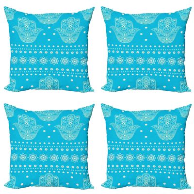 Ambesonne Hamsa Throw Pillow Cushion Case Pack of 4, Theme Hamsa Hands Geometric and Floral Pattern Evil Eye Protection, Modern Accent Double-Sided Digital Printing, 24", Blue