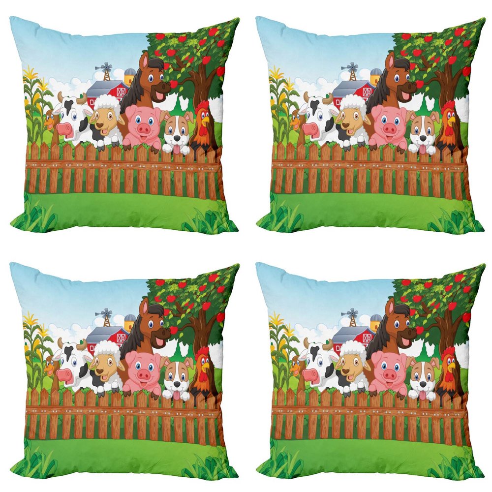 Ambesonne Cartoon Throw Pillow Cushion Case Pack of 4, Composition Farm Animals on Fence Comic Mascots Dog Cow Horse Kids Design, Modern Accent Double-Sided Digital Printing, 24", Green Brown