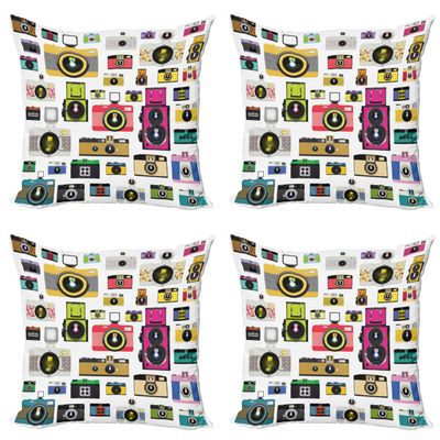 Ambesonne Vintage Throw Pillow Cushion Case Pack of 4, Vintage Old Fashioned Photo Cameras Hobby Studio Themed Graphic Design, Modern Accent Double-Sided Digital Printing, 18", Pink White