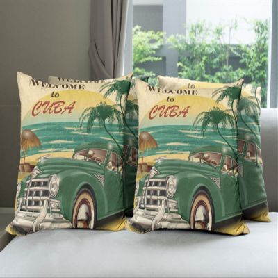 Ambesonne Retro Throw Pillow Cushion Case Pack of 4, Nostalgic Welcome to Cuba Print Classic Car Beach Ocean Palm Trees, Modern Accent Double-Sided Digital Printing, 20", Green Cream