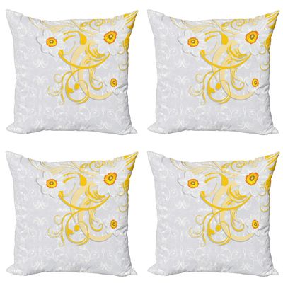 Ambesonne Daffodil Throw Pillow Cushion Case Pack of 4, Daffodils on Ornate Background Floral Repeating Swirling Curves Spring Pattern, Modern Accent Double-Sided Digital Printing, 24", Grey Yellow