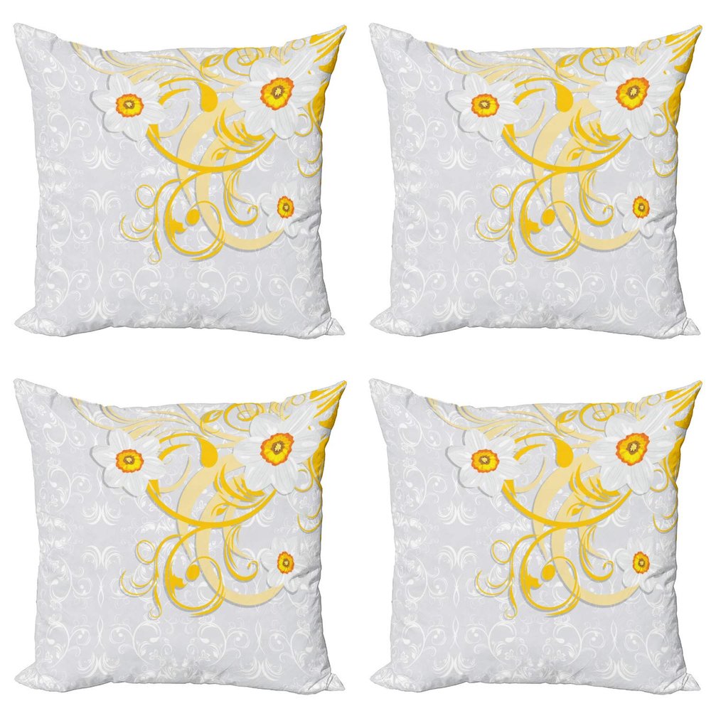 Ambesonne Daffodil Throw Pillow Cushion Case Pack of 4, Daffodils on Ornate Background Floral Repeating Swirling Curves Spring Pattern, Modern Accent Double-Sided Digital Printing, 24", Grey Yellow