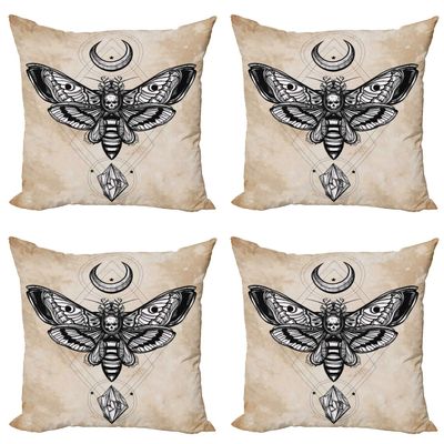 Ambesonne Fantasy Throw Pillow Cushion Case Pack of 4, Dead Head Hawk Moth Luna and Stone Magic Skull Illustration, Modern Accent Double-Sided Digital Printing, 16", Black Beige