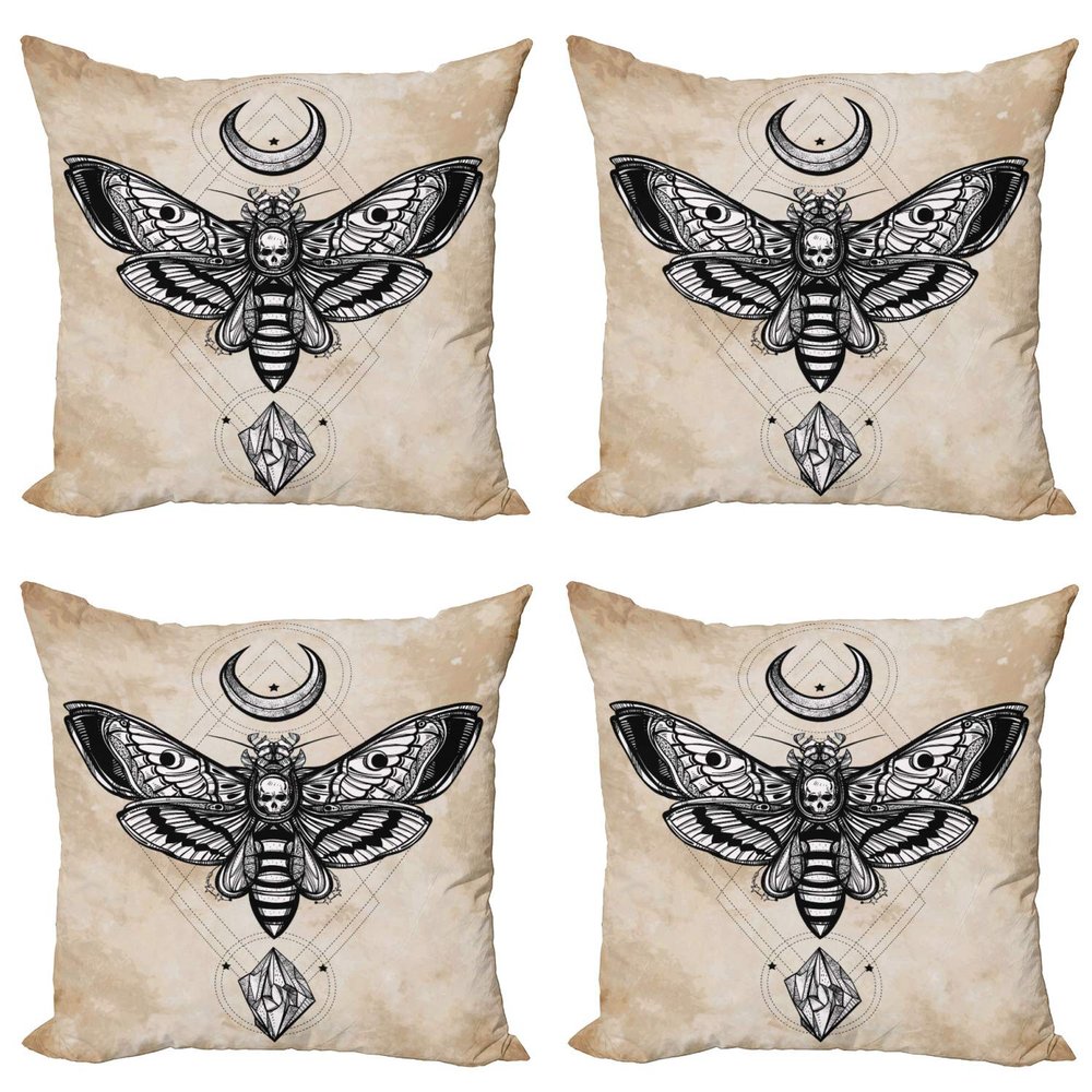 Ambesonne Fantasy Throw Pillow Cushion Case Pack of 4, Dead Head Hawk Moth Luna and Stone Magic Skull Illustration, Modern Accent Double-Sided Digital Printing, 16", Black Beige