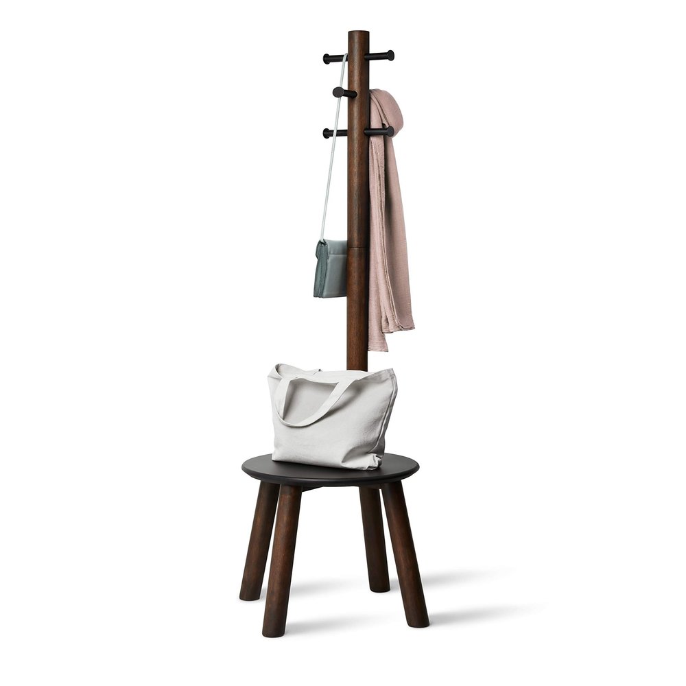 Umbra Pillar Coat Rack, Stool, Clothing Organizer, Umbrella Holder and Hat Organizer, Great for Entryway, Black/Walnut