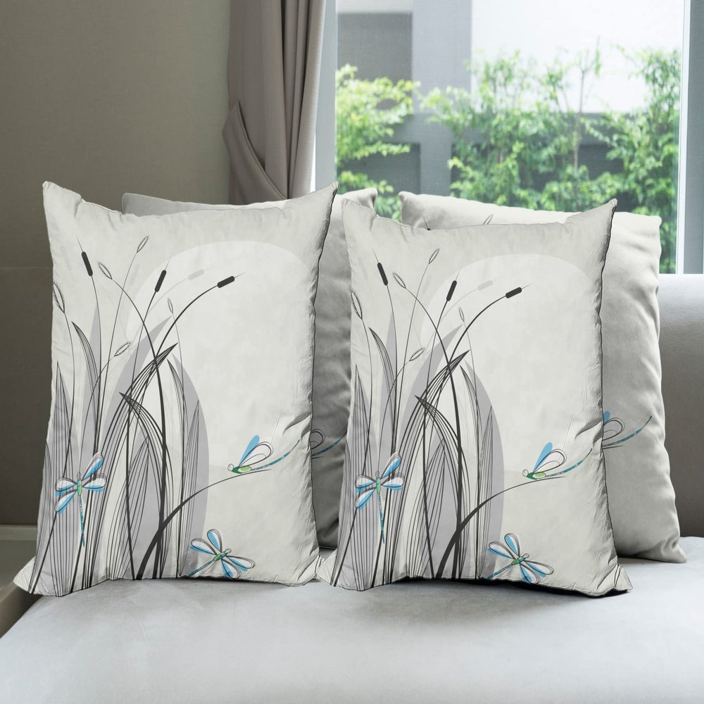 Ambesonne Dragonfly Decorative Throw Pillow Case Pack of 4, Dragonflies on Flowers and Branches Flourishing Nature Spring Time Predator, Cushion Cover for Couch Living Room Car, 20", Beige Charcoal