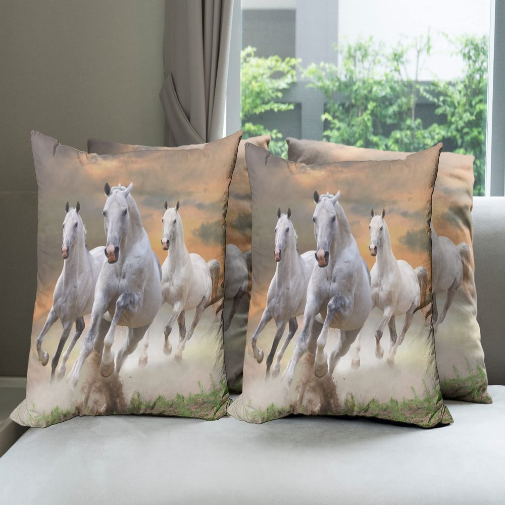 Ambesonne Horses Decorative Throw Pillow Case Pack of 4, Stallion Horses Running on a Mystic Sky Background Male Champions Print, Cushion Cover for Couch Living Room Car, 20", White Orange