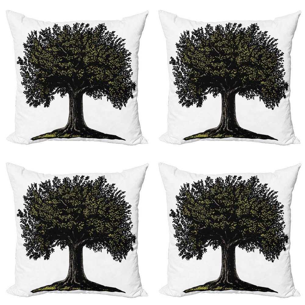 Ambesonne Tree of Life Decorative Throw Pillow Case Pack of 4, Digital Design of Mature Fruit Tree in Retro Engraving Style King of Forest, Cushion Cover for Couch Living Room Car, 16", Green White
