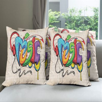 Ambesonne Music Throw Pillow Cushion Case Pack of 4, Illustration of Graffiti Style Lettering Headphones Hip Hop Theme on Beige Bricks, Modern Accent Double-Sided Digital Printing, 16", Tan Green