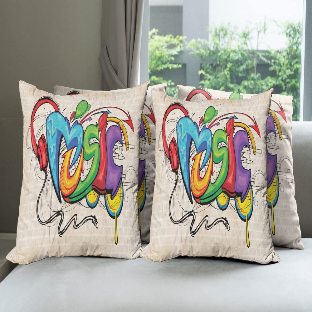 Ambesonne Music Throw Pillow Cushion Case Pack of 4, Illustration of Graffiti Style Lettering Headphones Hip Hop Theme on Beige Bricks, Modern Accent Double-Sided Digital Printing, 16", Tan Green