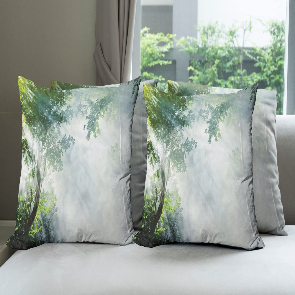 Ambesonne Rainforest Throw Pillow Cushion Case Pack of 4, Sunbeam Between Shadows of Trees Idyllic Scenery of Solitude in Jungle Theme, Modern Accent Double-Sided Digital Printing, 18", Green Bluegrey