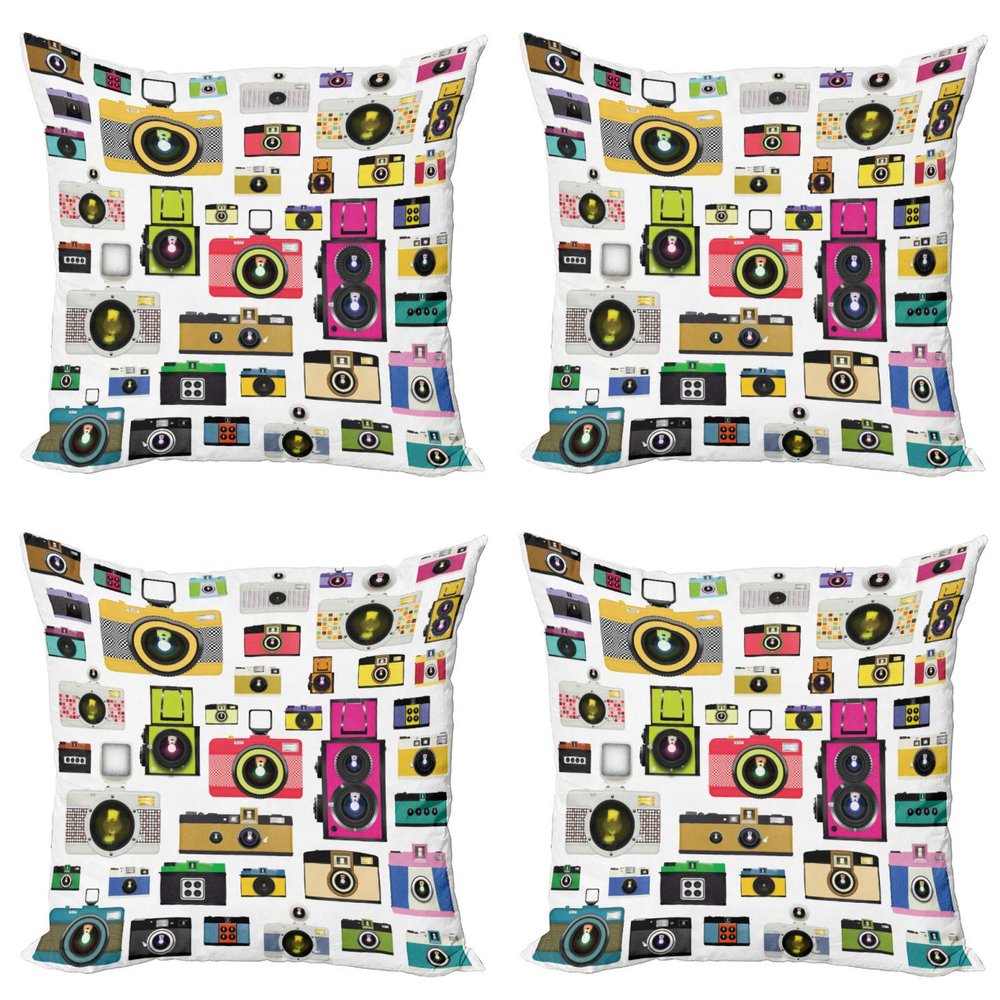 Ambesonne Vintage Throw Pillow Cushion Case Pack of 4, Vintage Old Fashioned Photo Cameras Hobby Studio Themed Graphic Design, Modern Accent Double-Sided Digital Printing, 24", Pink White