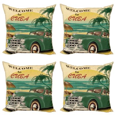 Ambesonne Retro Throw Pillow Cushion Case Pack of 4, Nostalgic Welcome to Cuba Print Classic Car Beach Ocean Palm Trees, Modern Accent Double-Sided Digital Printing, 16", Green Cream