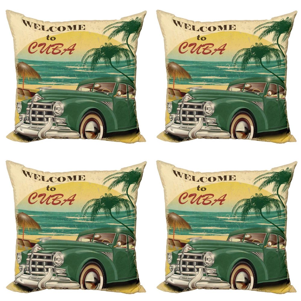 Ambesonne Retro Throw Pillow Cushion Case Pack of 4, Nostalgic Welcome to Cuba Print Classic Car Beach Ocean Palm Trees, Modern Accent Double-Sided Digital Printing, 16", Green Cream