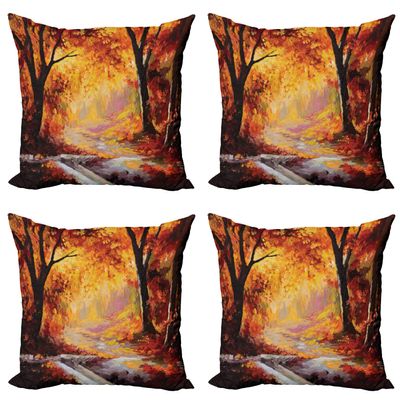 Ambesonne Country Decorative Throw Pillow Case Pack of 4, Paint of a Forest with Autumn Color Leaves Fall Time Sadness Season Theme Art, Cushion Cover for Couch Living Room Car, 16", Orange Brown