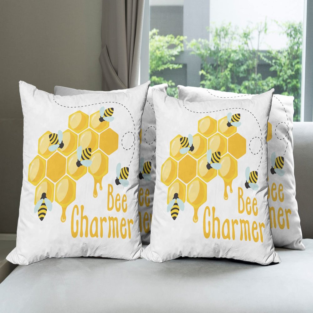 Ambesonne Honey Bee Decorative Throw Pillow Case Pack of 4, Bee Charmer Lettering Spring Time Layout, Cushion Cover for Couch Living Room Car, 16", Orange White
