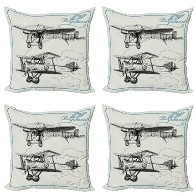 Ambesonne Airplane Throw Pillow Cushion Case Pack of 4, Classic Nostalgic Planes Aircraft Propeller in The Sky Fast Travel Wings Sketch, Modern Accent Double-Sided Digital Printing, 16", Blue Black