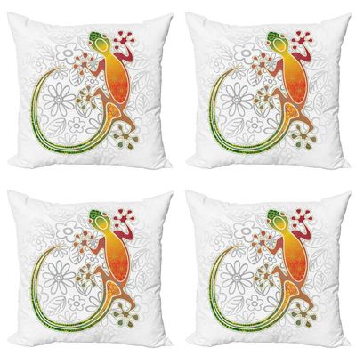 Ambesonne Batik Decorative Throw Pillow Case Pack of 4, Native Southeast Common House Gecko Moon Lizard Tropical Monster Graphic Design, Cushion Cover for Couch Living Room Car, 20", Orange Green
