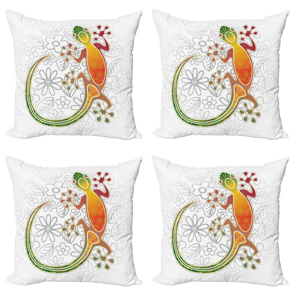 Ambesonne Batik Decorative Throw Pillow Case Pack of 4, Native Southeast Common House Gecko Moon Lizard Tropical Monster Graphic Design, Cushion Cover for Couch Living Room Car, 20", Orange Green
