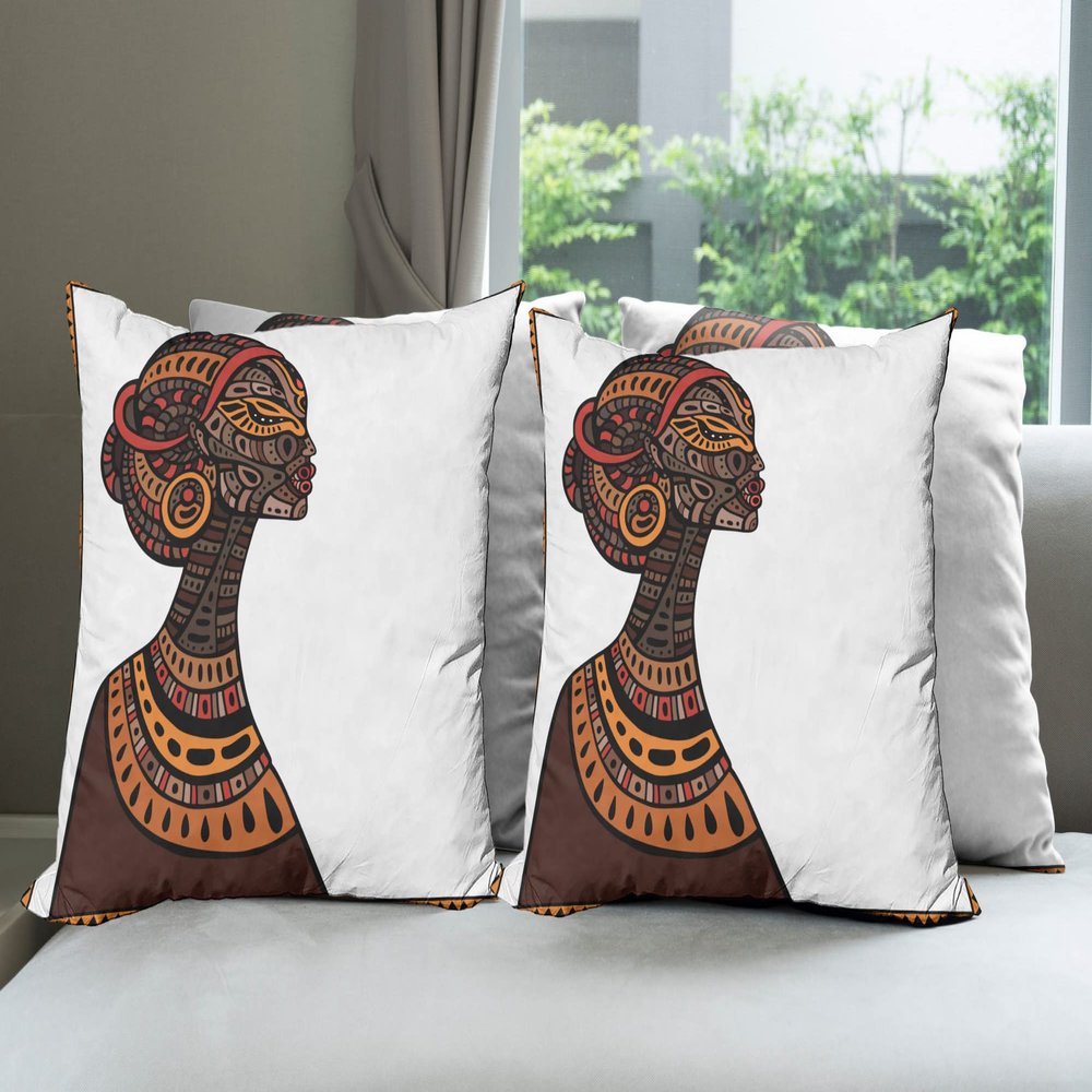 Ambesonne African Throw Pillow Cushion Case Pack of 4, Exotic Beauty Woman with Traditional Totem Illustration, Modern Accent Double-Sided Digital Printing, 24", Brown Cinnamon