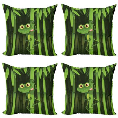 Ambesonne Animal Throw Pillow Cushion Case Pack of 4, Funny Illustration of a Friendly Fun Frog Character on Jungle Trees Nature Forest Cartoon, Modern Accent Double-Sided Digital Printing, 18", Green