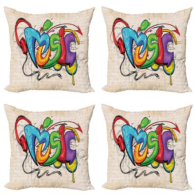 Ambesonne Music Throw Pillow Cushion Case Pack of 4, Illustration of Graffiti Style Lettering Headphones Hip Hop Theme on Beige Bricks, Modern Accent Double-Sided Digital Printing, 20", Tan Green